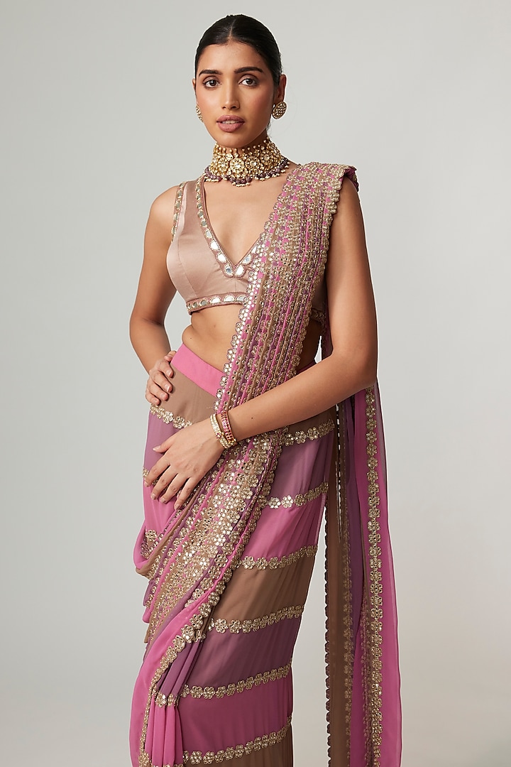 Multi-Colored Georgette Mirror Embroidered Reception Saree Set by Vvani By Vani Vats at Pernia's Pop Up Shop