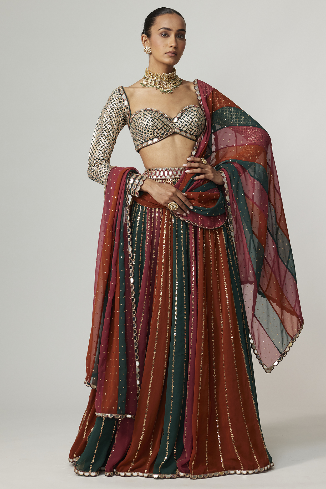Multi-Colored Georgette Sequins Embroidered Wedding Lehenga Set by Vvani By Vani Vats at Pernia's Pop Up Shop