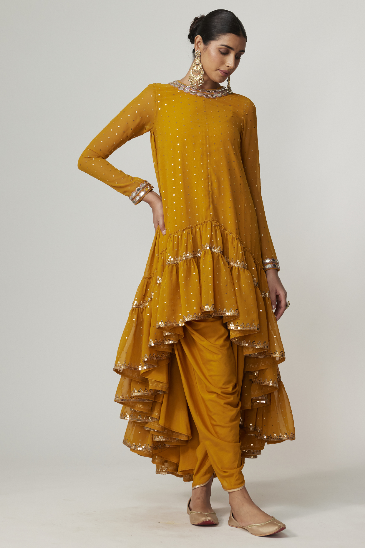 Mustard Georgette Sequins Embroidered Kurta Set by Vvani By Vani Vats at Pernia's Pop Up Shop