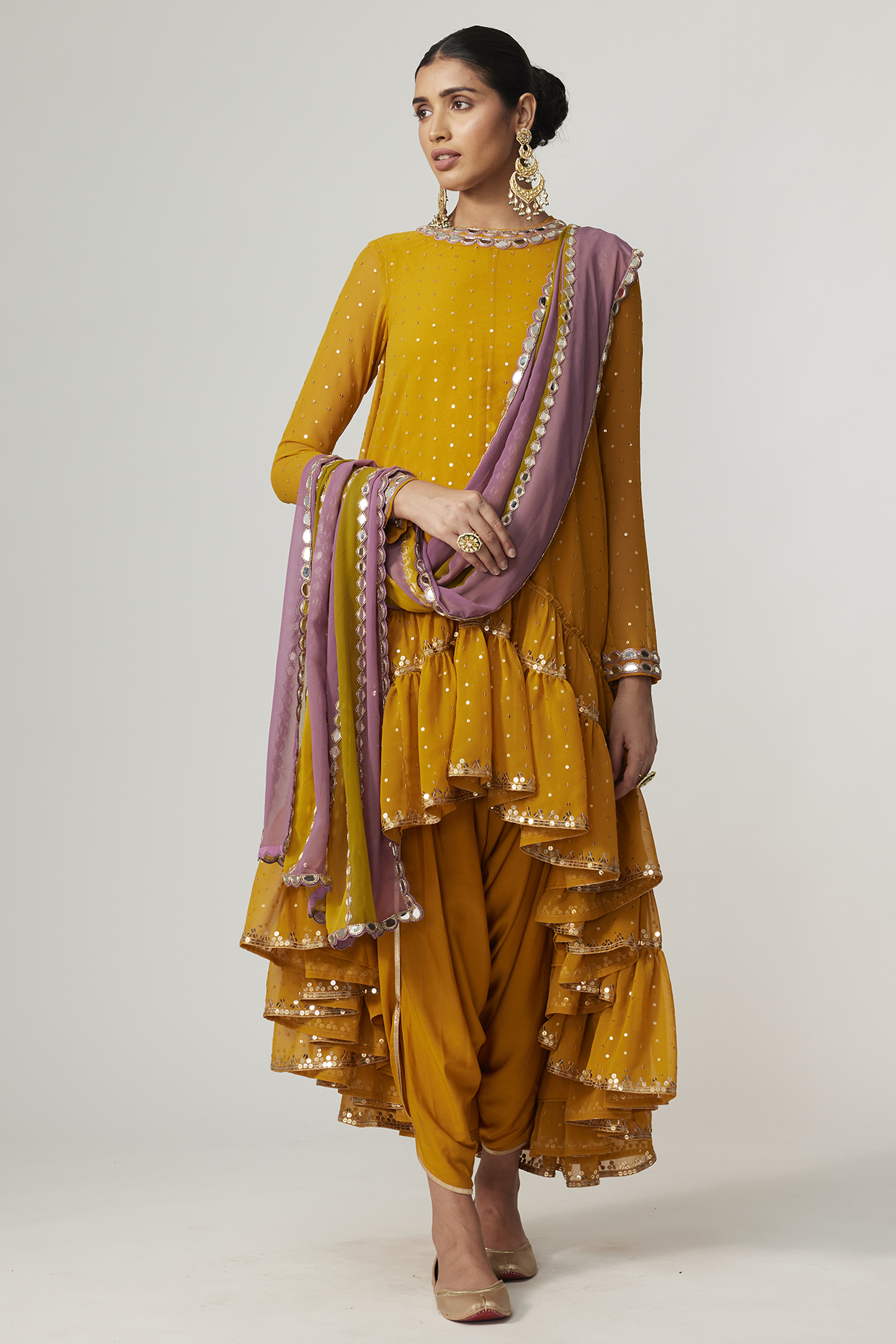 Mustard Georgette Sequins Embroidered Kurta Set by Vvani By Vani Vats at Pernia's Pop Up Shop