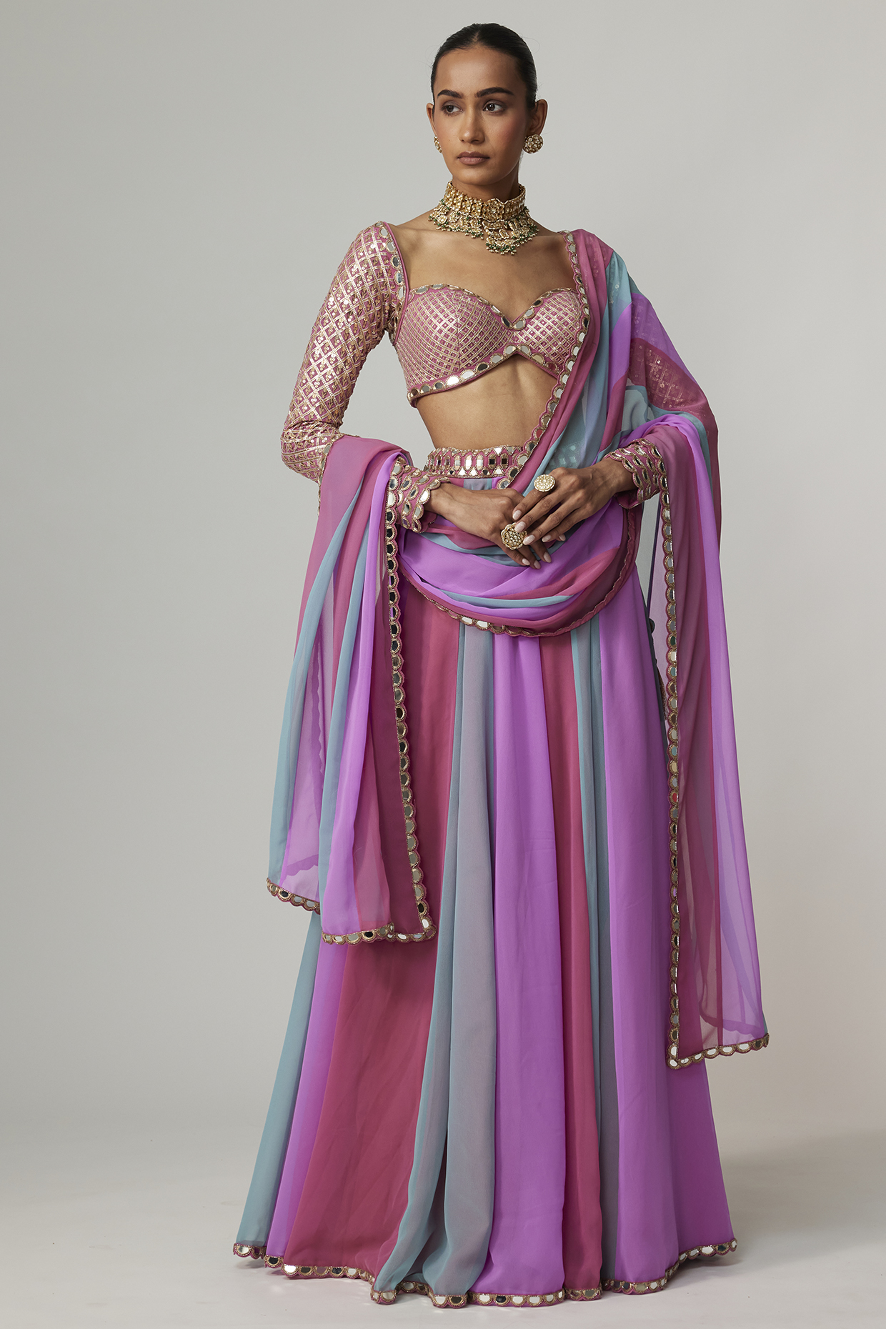 Multi-Colored Georgette Sequins Embroidered Wedding Lehenga Set by Vvani By Vani Vats at Pernia's Pop Up Shop