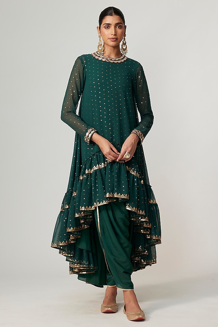Jade Green Georgette Sequins Embroidered Kurta Set by Vvani By Vani Vats at Pernia's Pop Up Shop