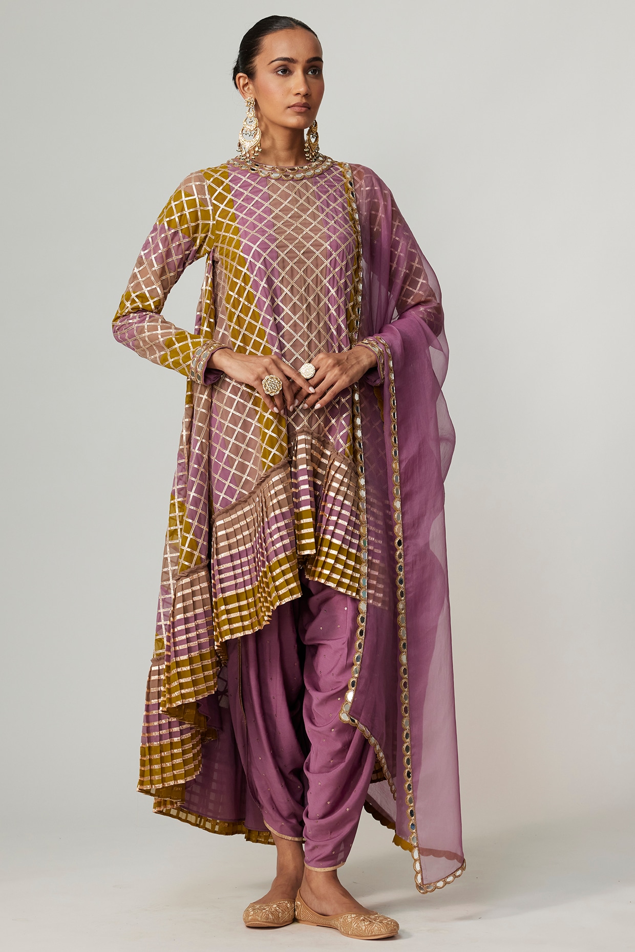 Yellow Gota Patti Embroidered Banarsi Georgette Kurta Set with Organza Dupatta