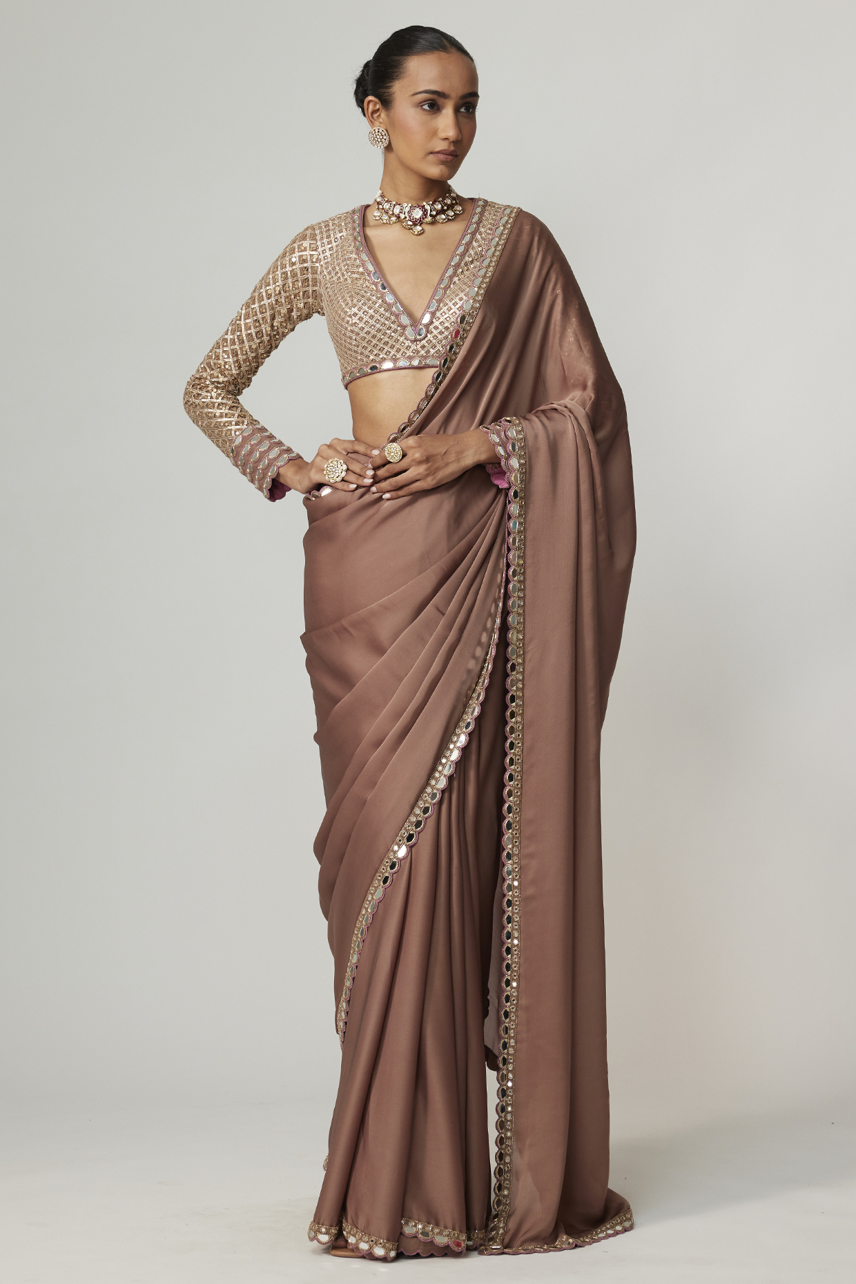 Deep Beige Satin Wedding Saree Set by Vvani By Vani Vats at Pernia's Pop Up Shop