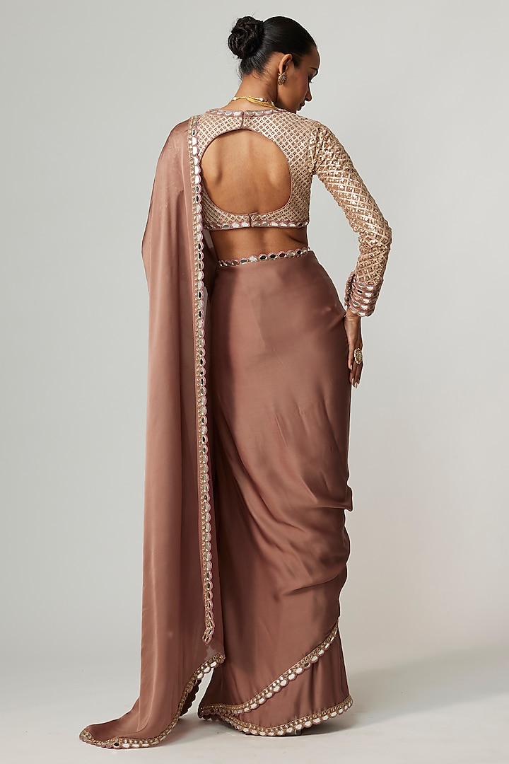 Deep Beige Satin Wedding Saree Set by Vvani By Vani Vats at Pernia's Pop Up Shop