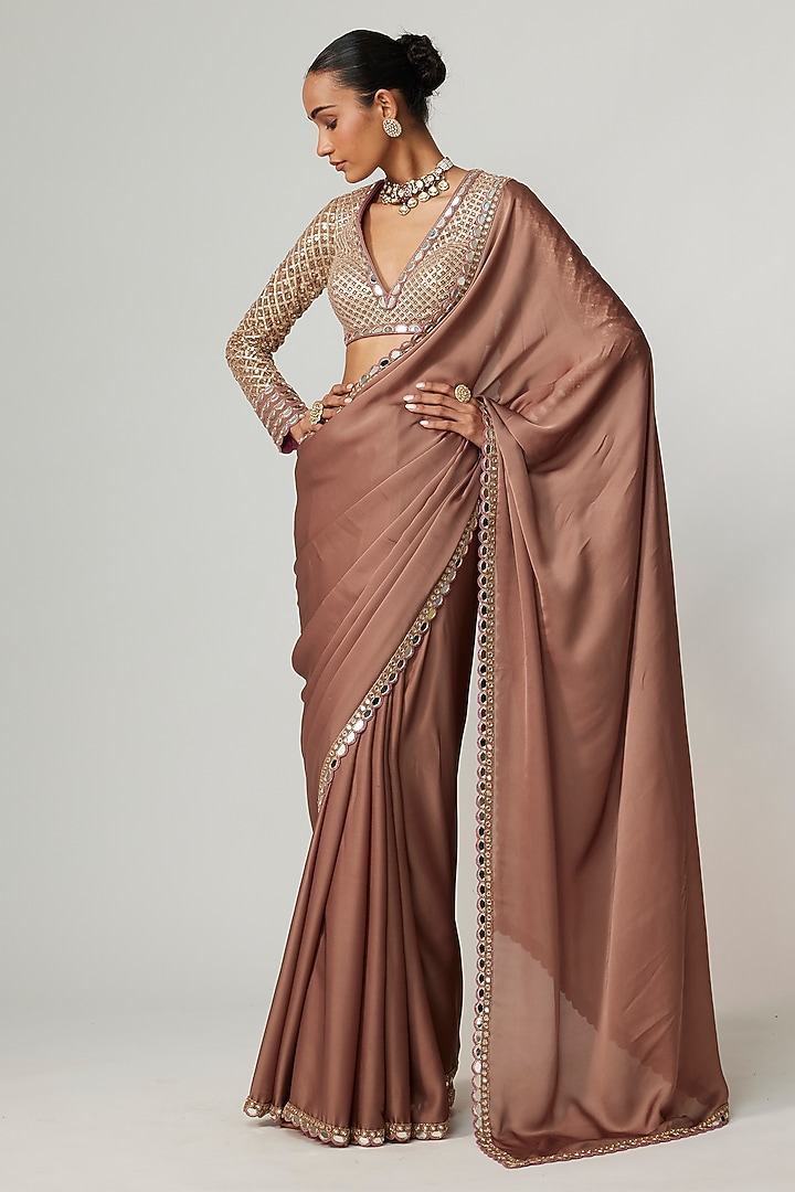 Deep Beige Satin Wedding Saree Set by Vvani By Vani Vats at Pernia's Pop Up Shop