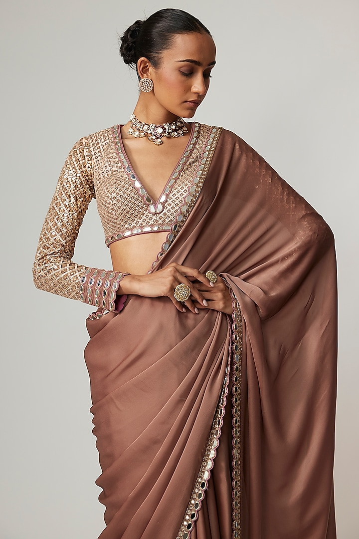 Deep Beige Satin Wedding Saree Set by Vvani By Vani Vats at Pernia's Pop Up Shop