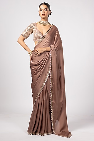 Deep Beige Satin Saree Set by Vvani By Vani Vats