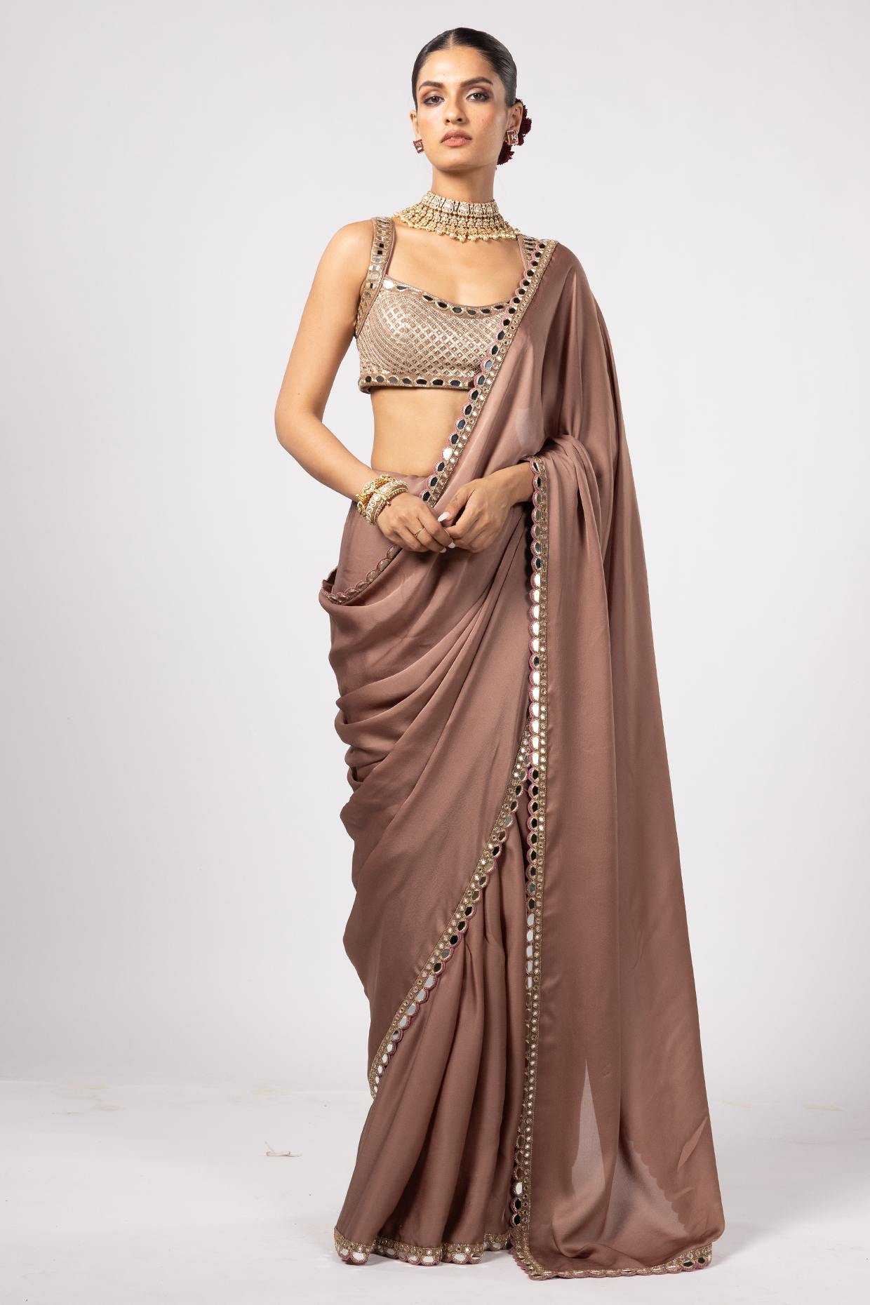 Deep Beige Satin Wedding Saree Set by Vvani By Vani Vats at Pernia's Pop Up Shop