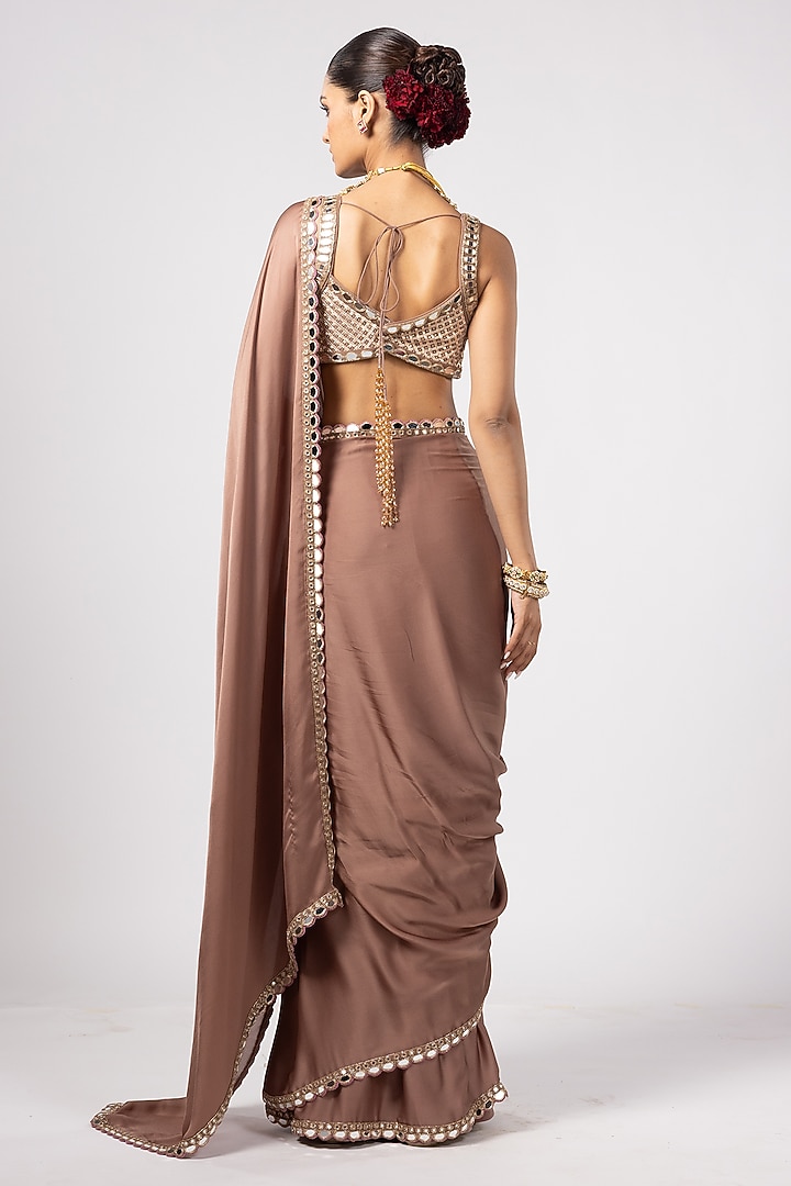 Deep Beige Satin Wedding Saree Set by Vvani By Vani Vats at Pernia's Pop Up Shop