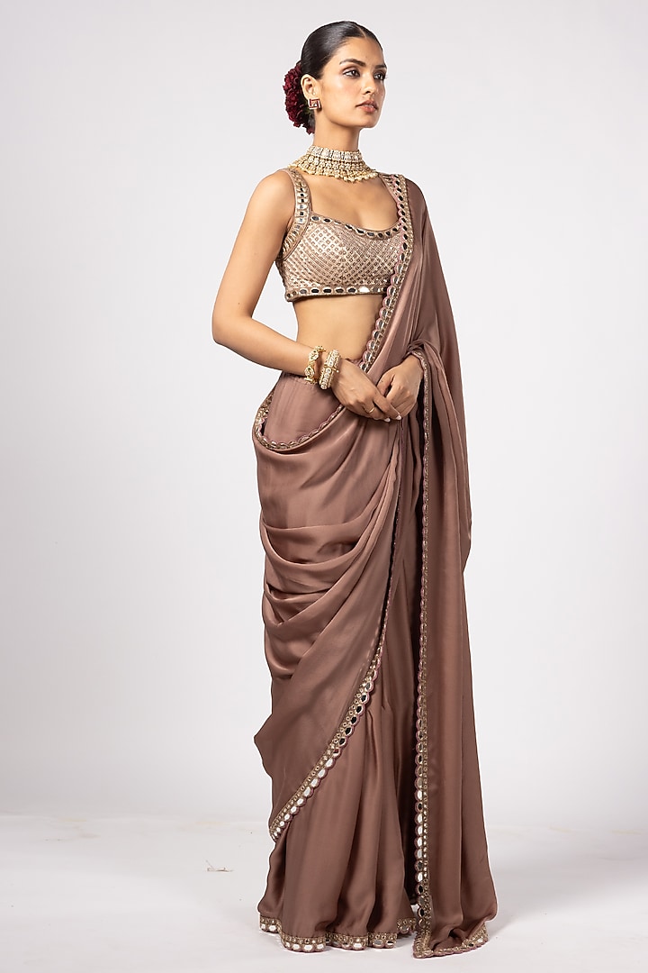 Deep Beige Satin Wedding Saree Set by Vvani By Vani Vats at Pernia's Pop Up Shop
