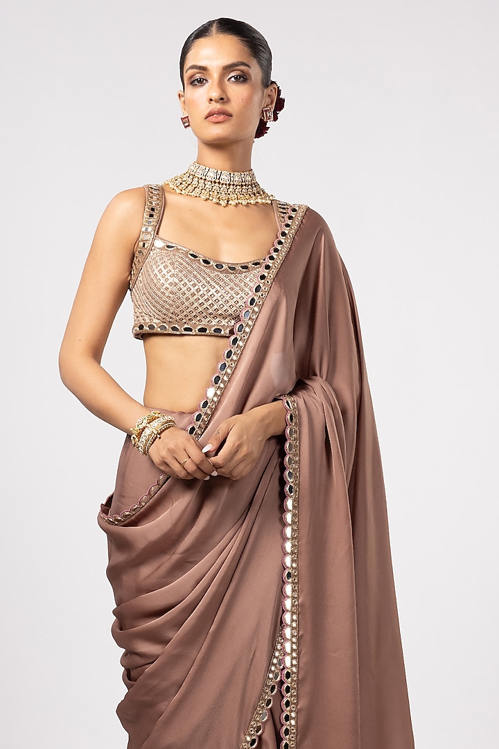 Deep Beige Satin Wedding Saree Set by Vvani By Vani Vats at Pernia's Pop Up Shop