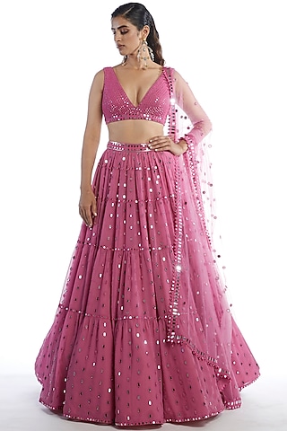 Pink Georgette Mirror Embroidered Lehenga Set by Vvani by Vani Vats