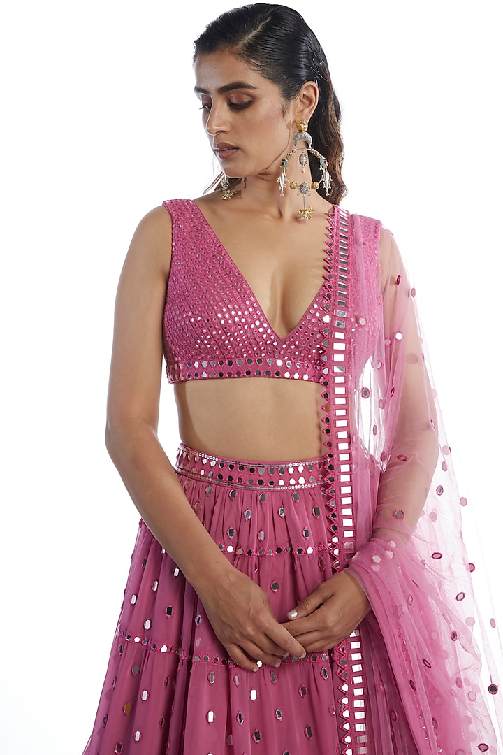 Pink Georgette Mirror Embroidered Wedding Lehenga Set by Vvani by Vani Vats at Pernia's Pop Up Shop