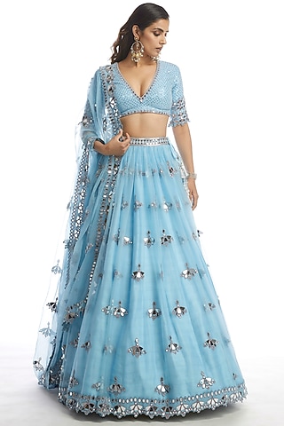 Ice Blue Organza Mirror Embroidered Lehenga Set by Vvani by Vani Vats