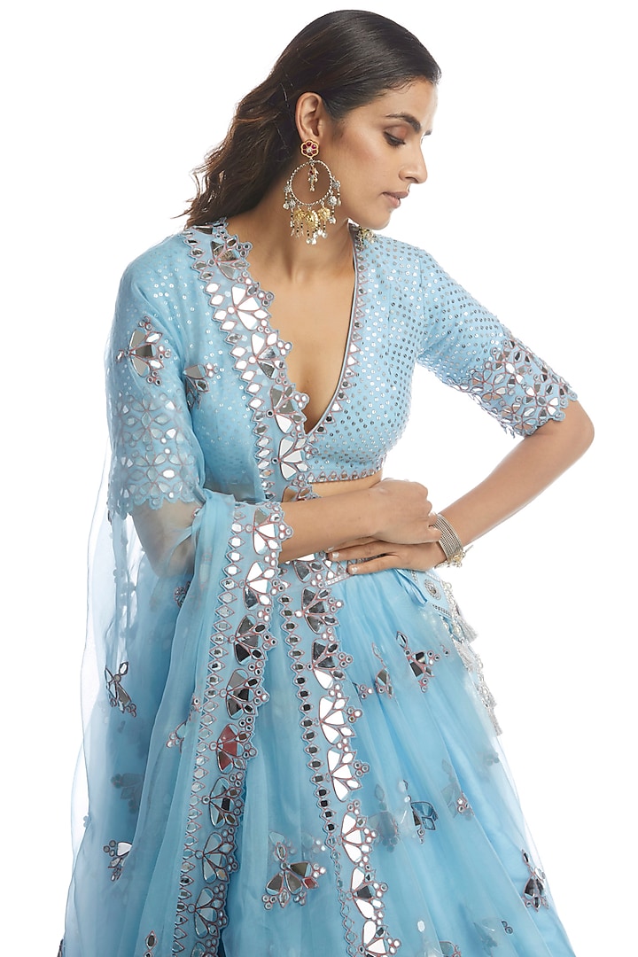 Ice Blue Organza Mirror Embroidered Wedding Lehenga Set by Vvani by Vani Vats at Pernia's Pop Up Shop