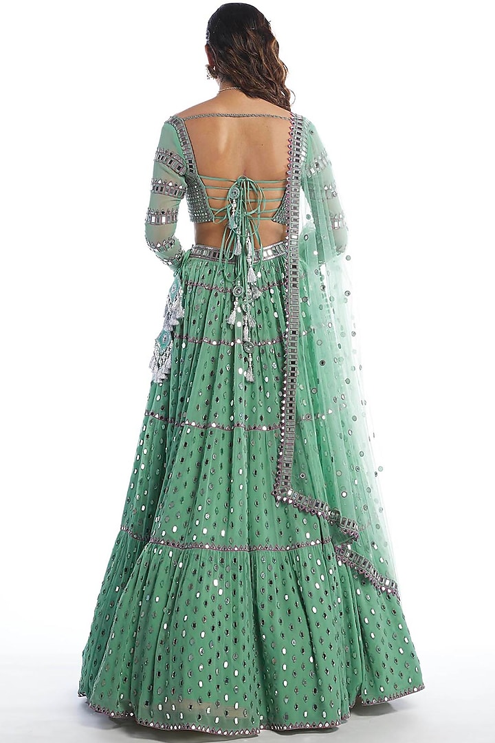 Dull Mint Georgette Mirror Embellished Bridal Lehenga Set by Vvani by Vani Vats at Pernia's Pop Up Shop