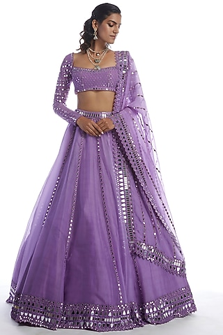 Catnip Purple Organza Mirror Embellished Lehenga Set by Vvani by Vani Vats