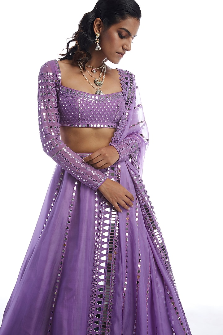 Catnip Purple Organza Mirror Embellished Wedding Lehenga Set by Vvani by Vani Vats at Pernia's Pop Up Shop
