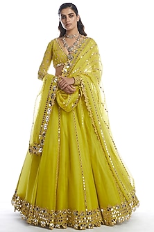Moss Green Hand Embroidered Kalidar Lehenga Set by Vvani by Vani Vats