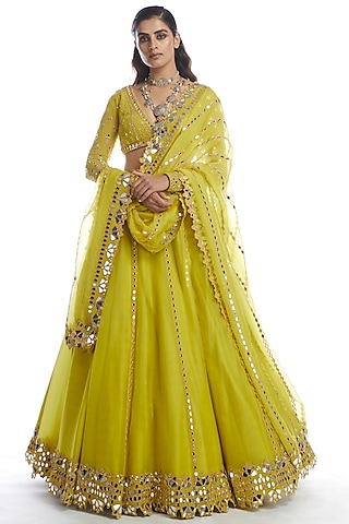 Yellow Organza Mirror Embellished Kalidar Lehenga Set by Vvani by Vani Vats