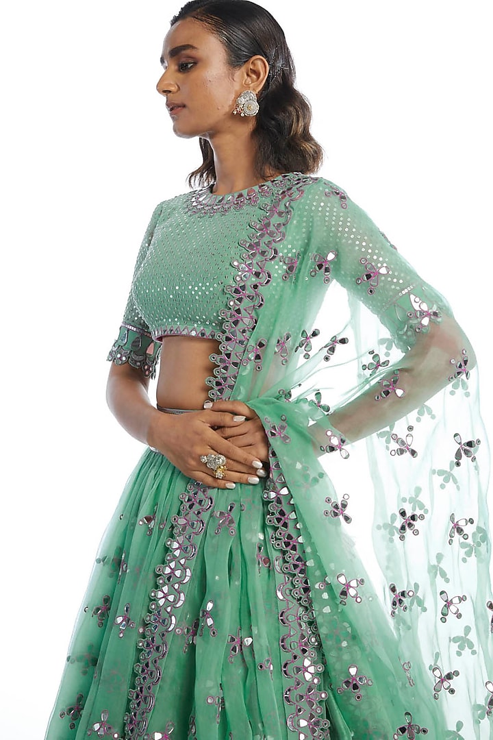 Dull Mint Organza Mirror Embroidered Wedding Lehenga Set by Vvani by Vani Vats at Pernia's Pop Up Shop