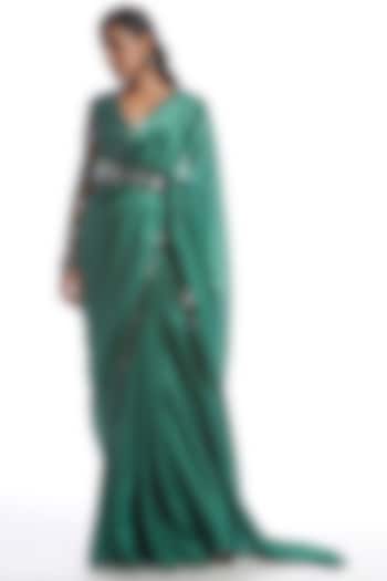Sage Green Saree Set With Embellished Blouse by Vvani by Vani Vats
