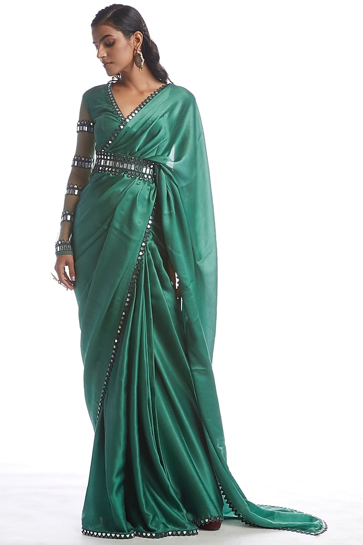 Sage Green Saree Set With Embellished Blouse by Vvani by Vani Vats