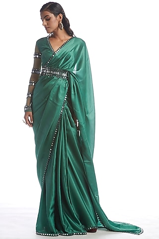 Sage Green Saree Set With Embellished Blouse by Vvani by Vani Vats