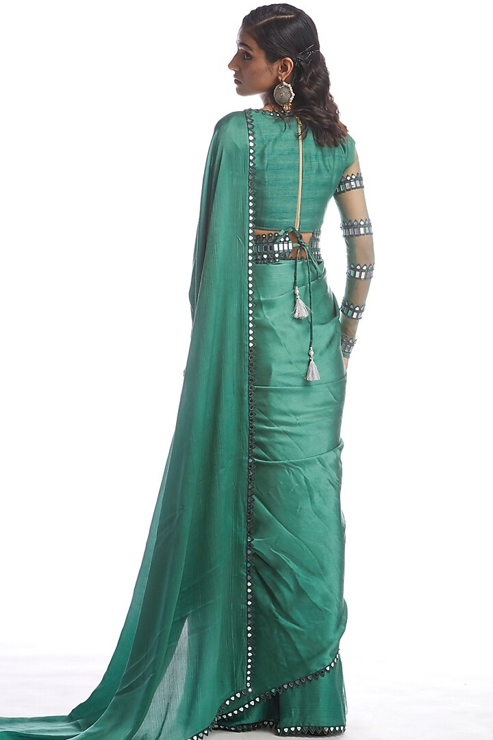 Sage Green Wedding Saree Set With Embellished Blouse by Vvani by Vani Vats at Pernia's Pop Up Shop