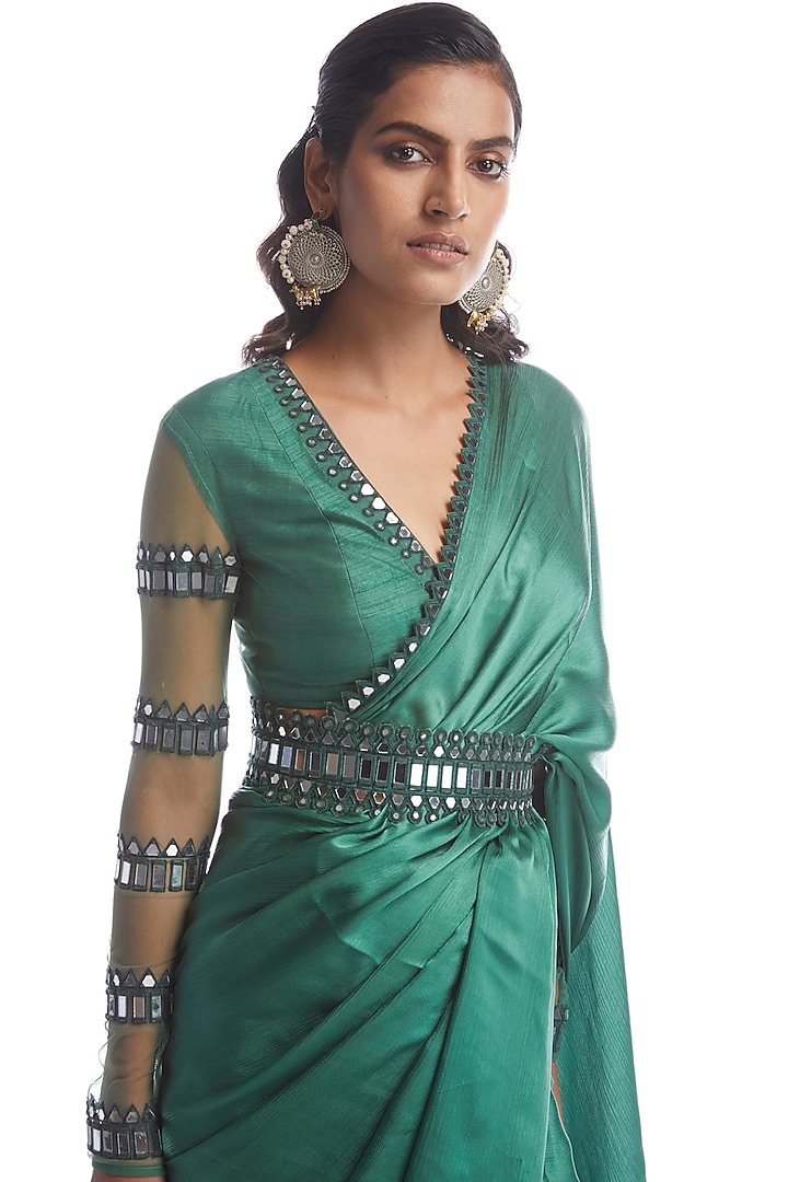 Sage Green Wedding Saree Set With Embellished Blouse by Vvani by Vani Vats at Pernia's Pop Up Shop