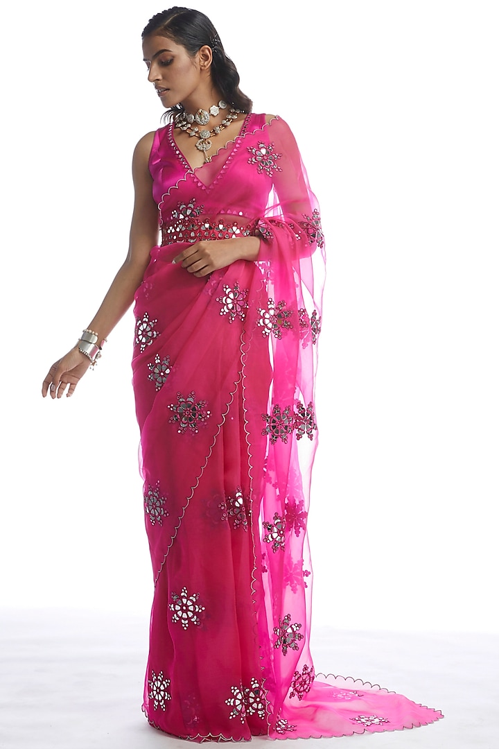 Peacock Pink Saree Set With Mirror Cutwork by Vvani by Vani Vats