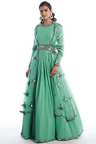 Dull Green Hand Embellished Anarkali Set by Vvani by Vani Vats