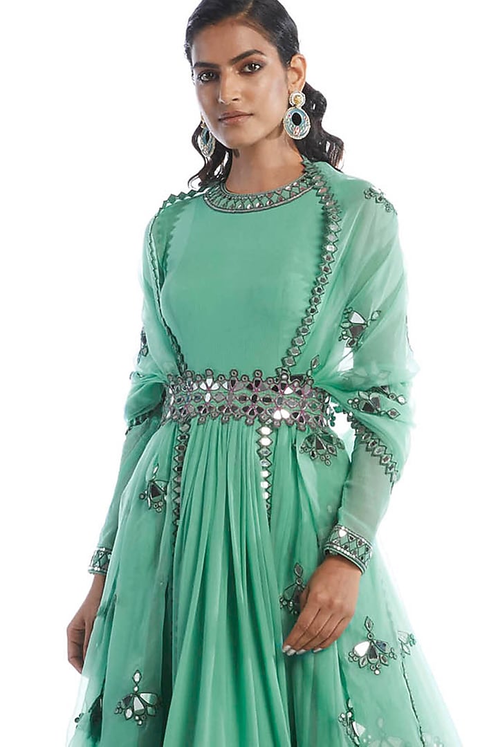 Dull Green Hand Embellished Wedding Anarkali Set by Vvani by Vani Vats at Pernia's Pop Up Shop