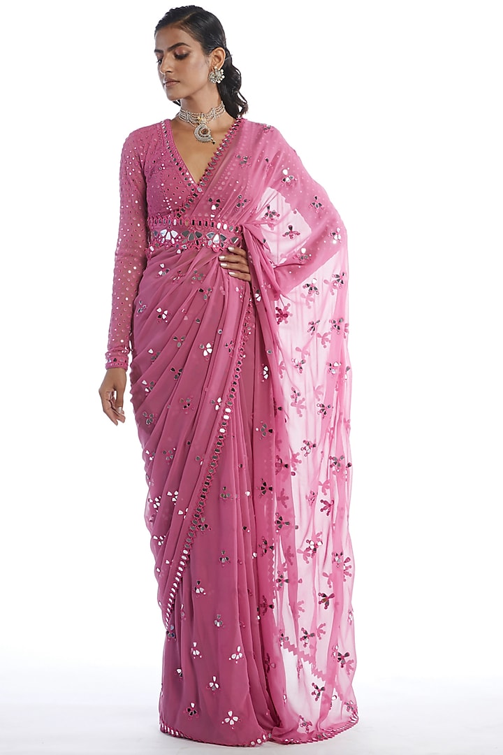 Dark Blush Pink Embellished Saree Set by Vvani by Vani Vats