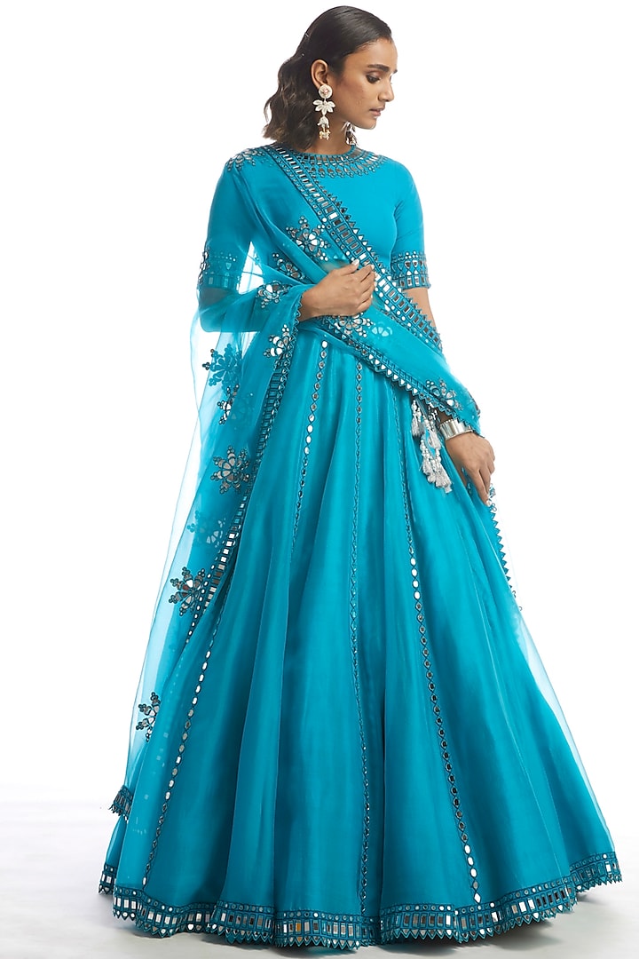 Turquoise Organza Hand Embroidered Kalidar Wedding Lehenga Set by Vvani by Vani Vats at Pernia's Pop Up Shop