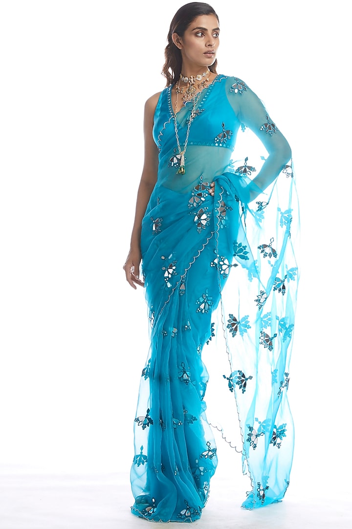 Turquoise Saree Set With Mirror Cutwork by Vvani by Vani Vats
