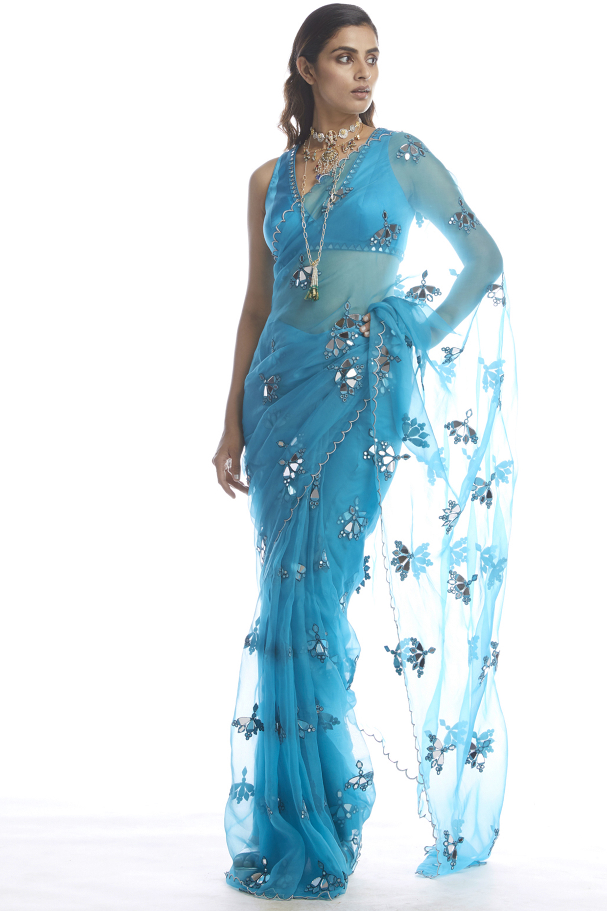 Turquoise Saree Set With Mirror Cutwork by Vvani by Vani Vats