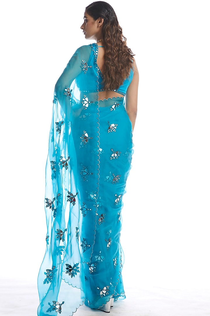 Turquoise Wedding Saree Set With Mirror Cutwork by Vvani by Vani Vats at Pernia's Pop Up Shop