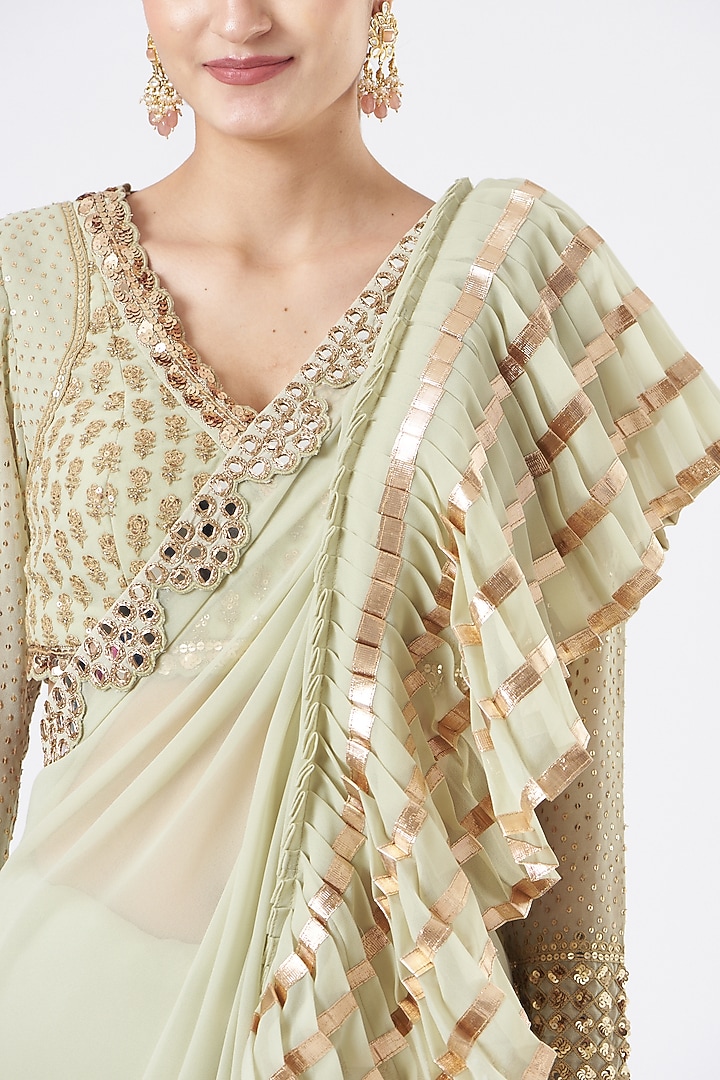 Green Georgette Ruffled Wedding Saree Set by Vvani By Vani Vats at Pernia's Pop Up Shop