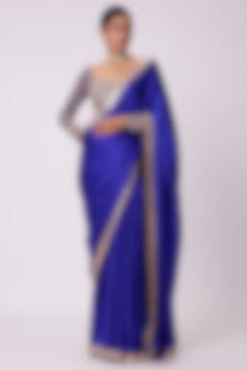 Persian Blue Georgette Mirror Hand Embroidered Wedding Saree Set by Vvani By Vani Vats at Pernia's Pop Up Shop