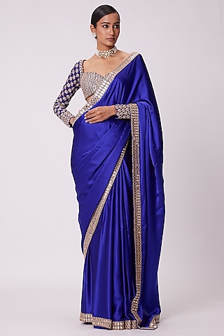 Persian Blue Georgette Mirror Hand Embroidered Saree Set by Vvani By Vani Vats