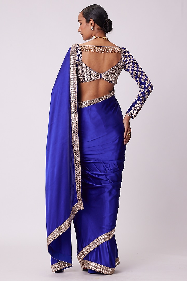 Persian Blue Georgette Mirror Hand Embroidered Wedding Saree Set by Vvani By Vani Vats at Pernia's Pop Up Shop