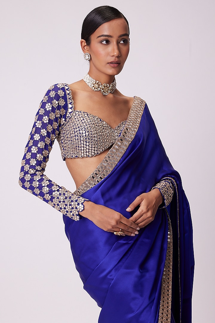 Persian Blue Georgette Mirror Hand Embroidered Wedding Saree Set by Vvani By Vani Vats at Pernia's Pop Up Shop