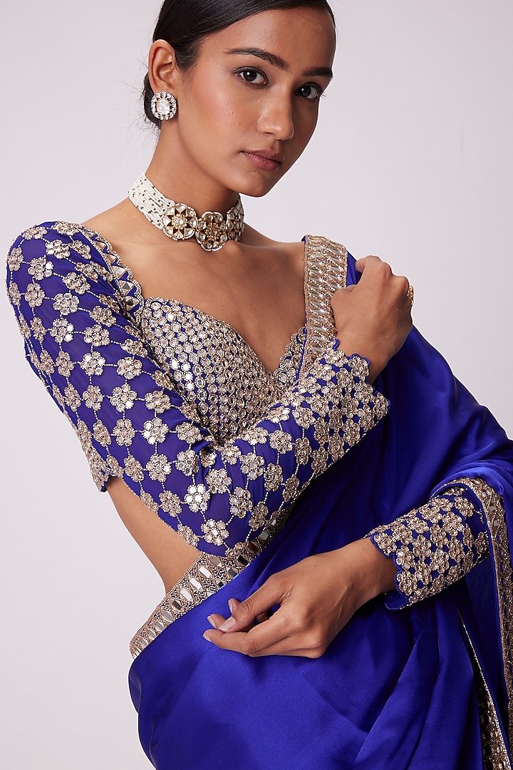 Persian Blue Crystal Embellished Georgette Cocktail Bling Saree