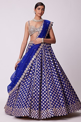 Persian Blue Organza Mirror Embellished Lehenga Set by Vvani By Vani Vats
