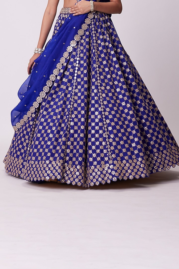 Persian Blue Organza Mirror Embellished Bridal Lehenga Set by Vvani By Vani Vats at Pernia's Pop Up Shop