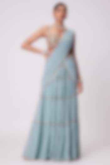 Powder Blue Georgette Mirror Hand Embroidered Tiered Wedding Saree Set by Vvani By Vani Vats at Pernia's Pop Up Shop
