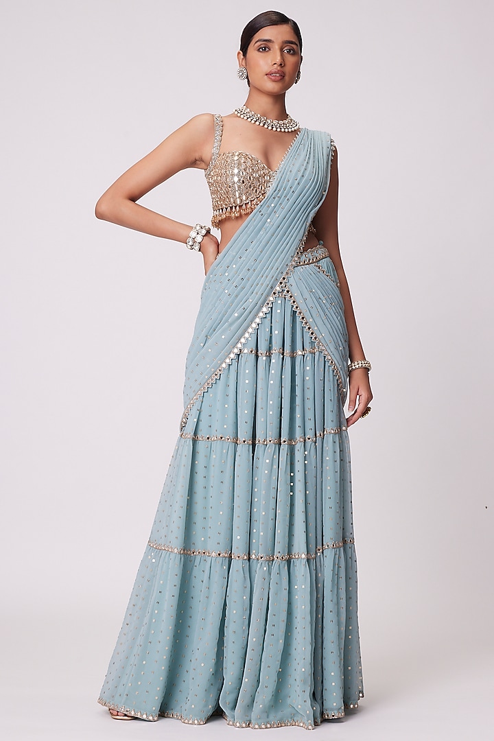 Powder Blue Georgette Mirror Hand Embroidered Tiered Wedding Saree Set by Vvani By Vani Vats at Pernia's Pop Up Shop