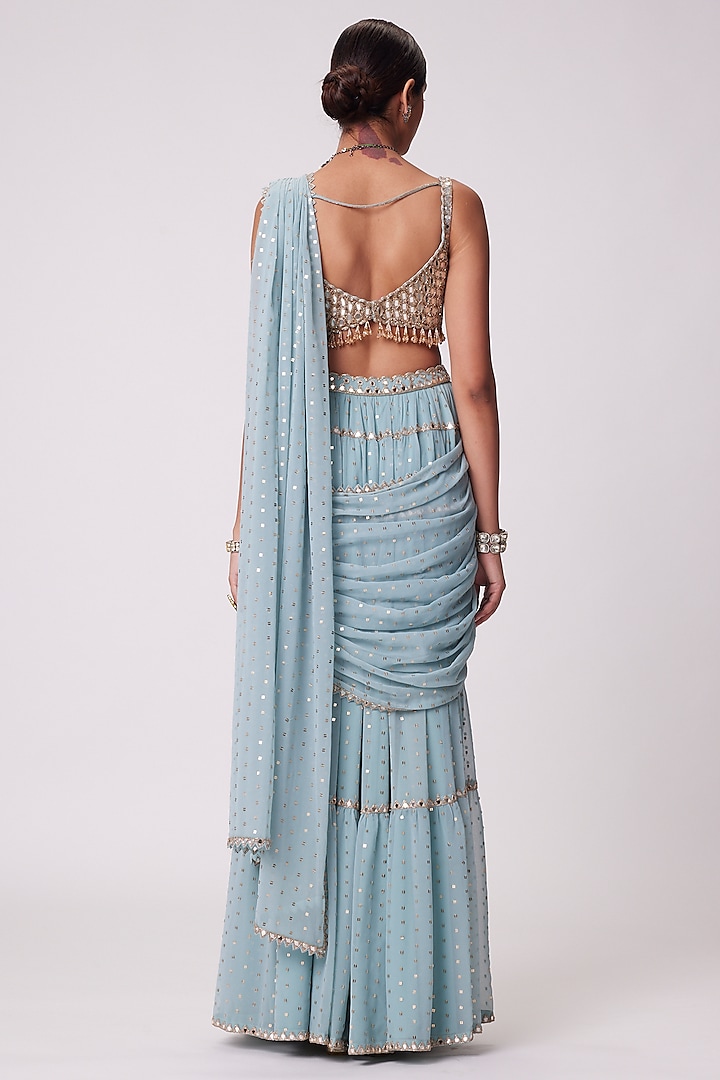 Powder Blue Georgette Mirror Hand Embroidered Tiered Wedding Saree Set by Vvani By Vani Vats at Pernia's Pop Up Shop